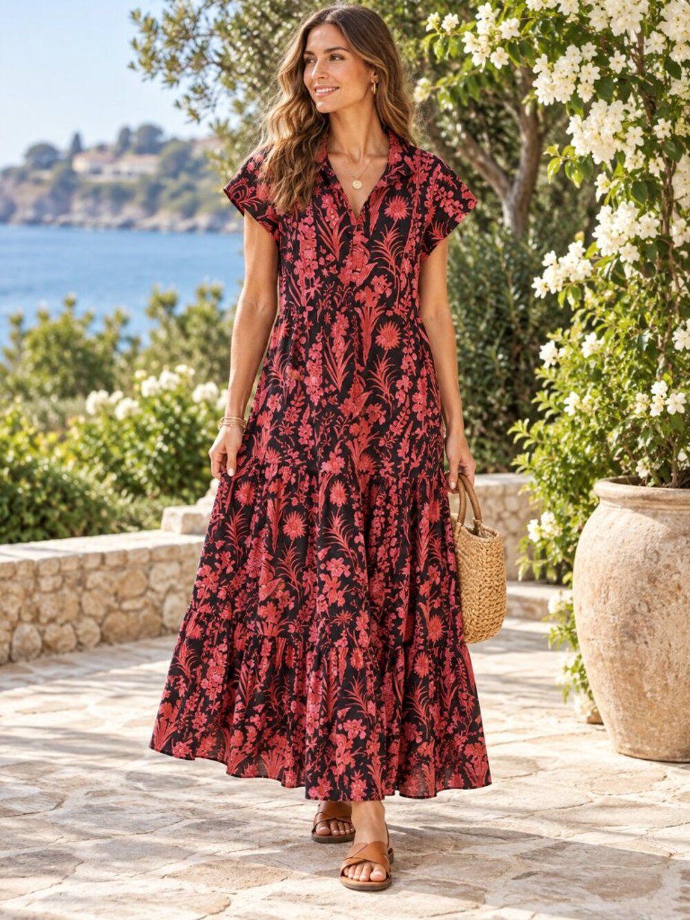 Victoria Dunn Maxi Dress Cotton Block Print Floral Tiered Ruffle Xs Multicolor